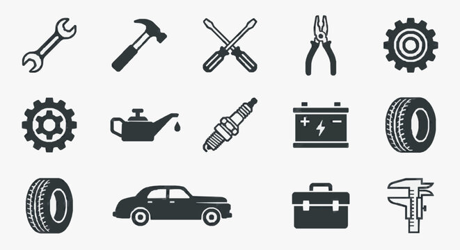Essential Tools and Automotive Icons.
