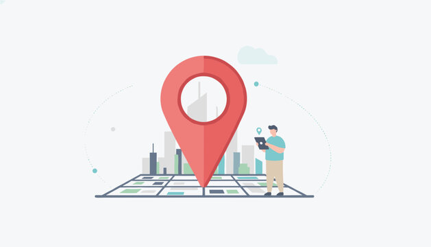 Person using a tablet to navigate a digital city map with a large red pin marker in a modern minimal flat art style design.