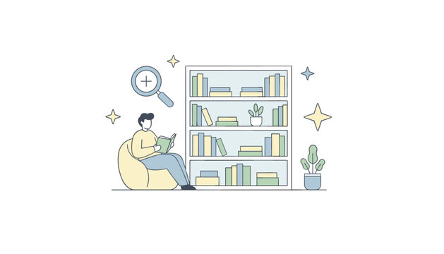 Man reading a book while sitting in a large bean bag chair next to a tall bookshelf filled with books and plants.