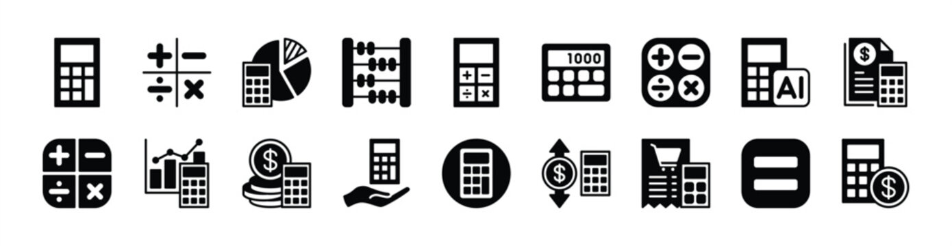 Calculator icon vector set. Contains calculation, mathematic, percentage, count, addition and subtraction for accounting, tax, rate, finance, market growth chart, bank bills, financial, economy