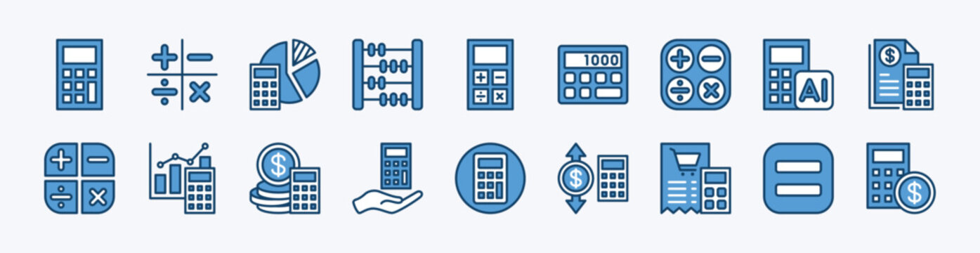 Set of calculator icon. Contains calculation, mathematic, accounting, finance, count, addition, subtraction, percentage, tax, rate, market growth chart, bank bills, economy for app and web
