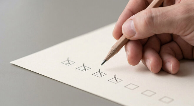 Hand holding a wooden pencil checking off boxes on a paper to do list