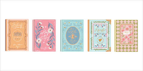 Obraz premium Vector illustration of a set of beautiful book covers. Flat-style clipart featuring a collection of romance-themed books on a white background. Fiction and educational literature. Library. Reading for
