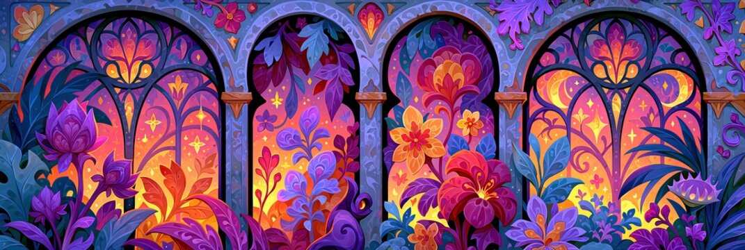 Enchanting Moroccan Arches with Vibrant Floral Stained Glass and Lush Foliage