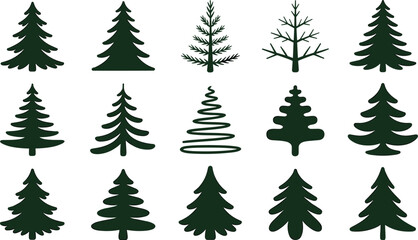 Obraz premium Pine and Christmas Tree Silhouette Vector Set with Diverse Evergreen Conifer, Fir, Spruce, and Abstract Pine Tree Shapes for Winter Holiday DesignsPine and Christmas Tree Silhouette Vector Set with Di
