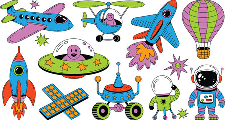 Fototapeta premium Cartoon Space and Aviation Vector Set with Colorful Rocket Ships, Astronauts, Alien UFO, Airplane, and Helicopter for Kids Pattern and Sticker DesignsCartoon Space and Aviation Vector Set with Colorfu