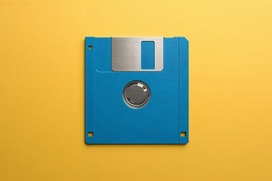 Retro blue floppy disk storage medium on yellow background with technology computer magnetic information hardware isolated background electronic computing capacity portable obsolete