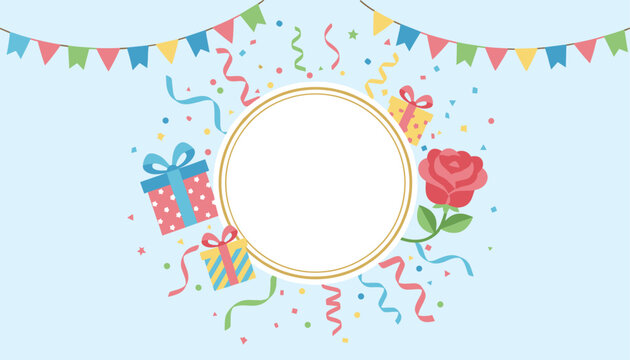 Colorful birthday celebration template with festive bunting banners, cute gift boxes, and a lovely red rose.