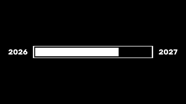 Loading bar transition from year 2026 to 2027 on black background