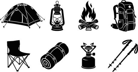 Camping Equipment Silhouette Vector Collection Featuring Tent Lantern Campfire Backpack Chair Sleeping Bag Stove Poles © AUSTOMI
