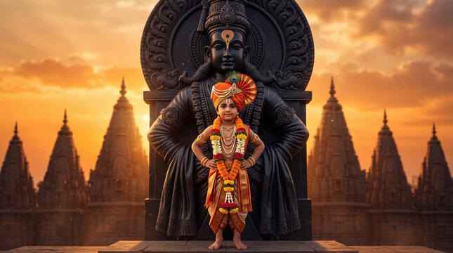 happy little indian boy standing with lord vitthal statue