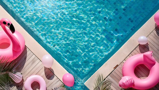 top view of a swimming pool with copy space pink pastel inflatable floatings balloons and flamingo buoy summer background