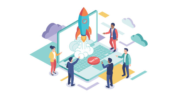 Isometric business startup concept with a rocket launching from a laptop screen and team members celebrating success.