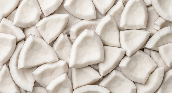 Full Frame Background Pattern of Fresh White Coconut Meat Pieces