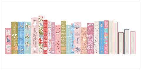 Obraz premium Colorful book spines. Set of books on a transparent background. Flat-style vector illustration. Bookshelf. Girly-style book clipart collection. Vector illustration