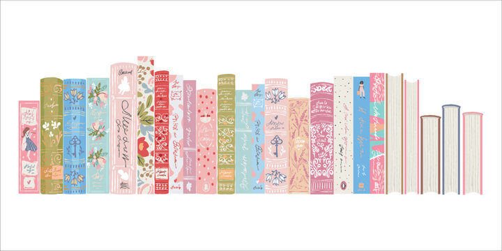 Colorful book spines. Set of books on a transparent background. Flat-style vector illustration. Bookshelf. Girly-style book clipart collection. Vector illustration