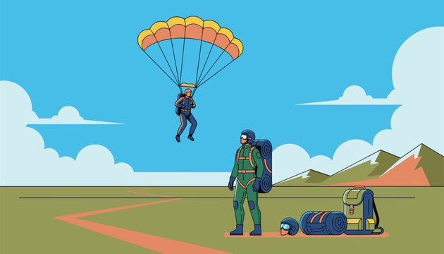 Thrilling skydiving sport adventure with a parachutist descending from the sky while a teammate prepares gear on the ground.