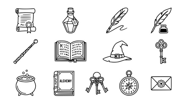 Fantasy Magic Icons: Scroll, Potion, Quill, Wand, Book, Hat, Key, Cauldron, Compass