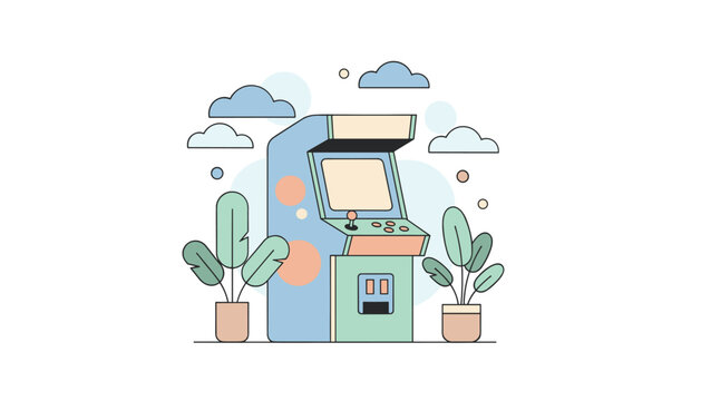 Retro video game arcade machine placed between decorative potted houseplants under a cloudy sky.