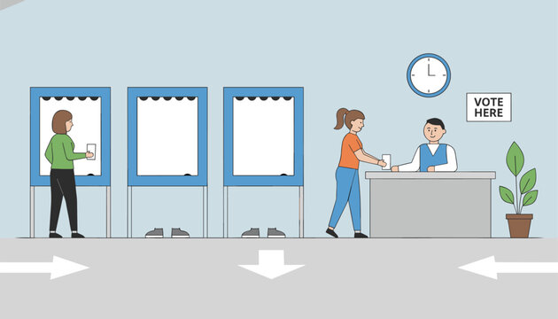 Citizens participating in democratic elections inside a voting station with private polling booths and registration desk.