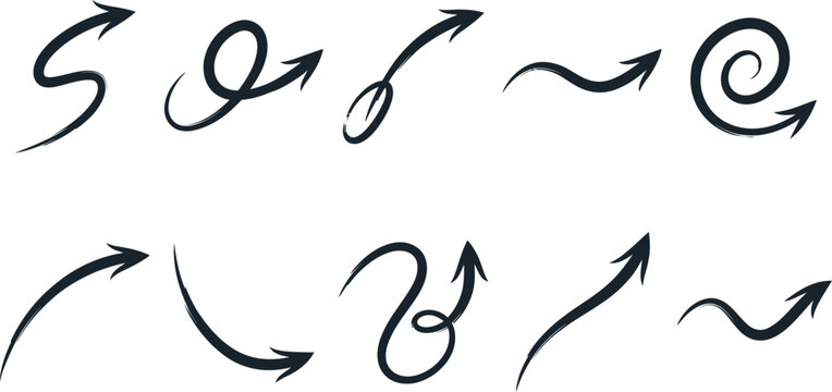 Collection of decorative hand drawn wavy and spiral arrow doodles with direction