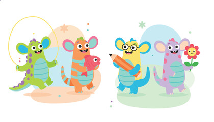 Naklejka premium Group of four friendly cartoon baby monsters enjoying different activities like jumping rope, drawing, and holding toys.
