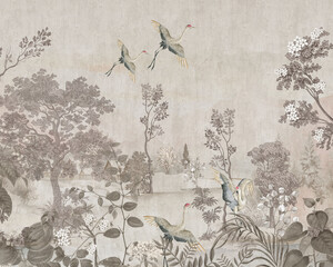 Elegant Chinoiserie Heron and Songbird Garden   Vintage Botanical Wallpaper © SWAPNA