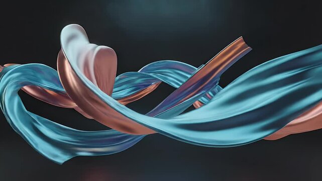 Smooth, flowing fabric ribbons of copper and teal twist and undulate gracefully