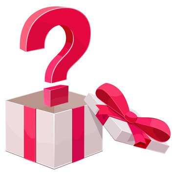 Open white gift box with pink ribbon and a large red question mark symbolizing mystery prize, secret bonus, choosing the right package, consumer choice and reward (cut out)