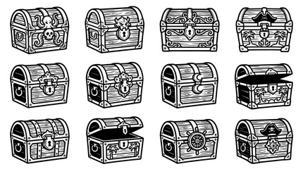 Collection of vintage treasure chests in various designs and states. © Rejeki