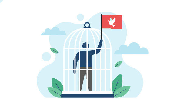 Man holding a red peace dove flag inside a white cage representing struggle for freedom and human rights.