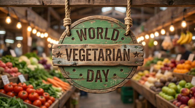 World Vegetarian Day sign in a vibrant fresh produce market with abundant vegetables.