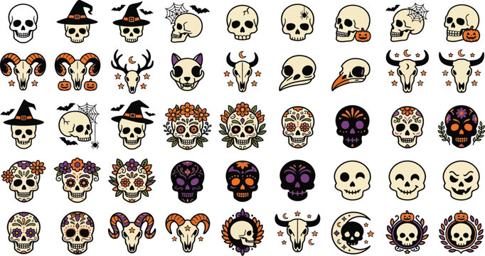Collection of various halloween skull and skeleton icons with skeleton halloween collection illustration celebration mysterious elements decorative frightening