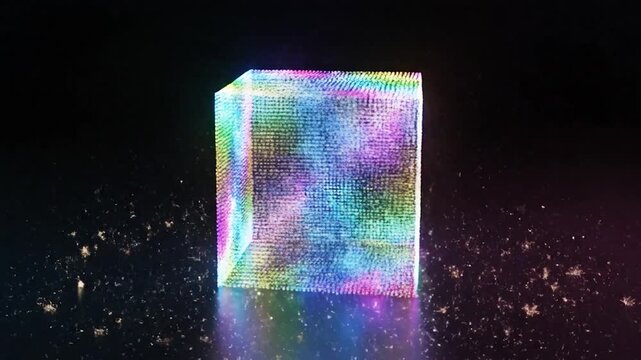 Abstract Colorful Particles Explosion and Cube Formation in Dark Space.