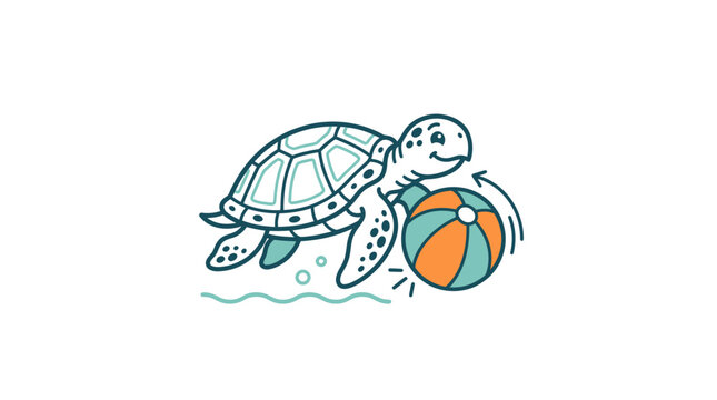 Smiling turtle playing with beach ball.