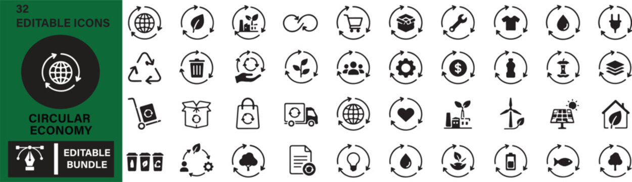 Circular Economy Vector Outline Icons Set &ndash; 32 Sustainable Recycling, Reuse, Zero Waste, Green Energy, Eco Business and Environmental UI Line Icons Bundle