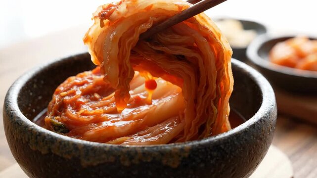 Kimchi lifted by chopsticks from black bowl with spicy fermented cabbage and sauce, showcasing vibrant red seasoning and traditional Korean flavor