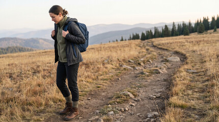 Obraz premium Solo Alpine Walker Adjusting Backpack On Quiet Autumn Mountain Trail