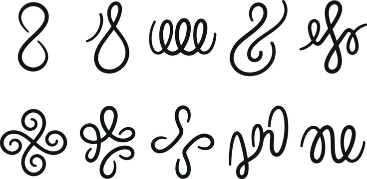 Set of ten hand-drawn decorative swirly ink doodle ornaments with ornament