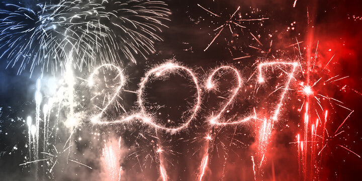 happy new year, new years eve celebration holiday background greeting card - Blue red white firework pyrotechnics with year 2027 on dark night sky