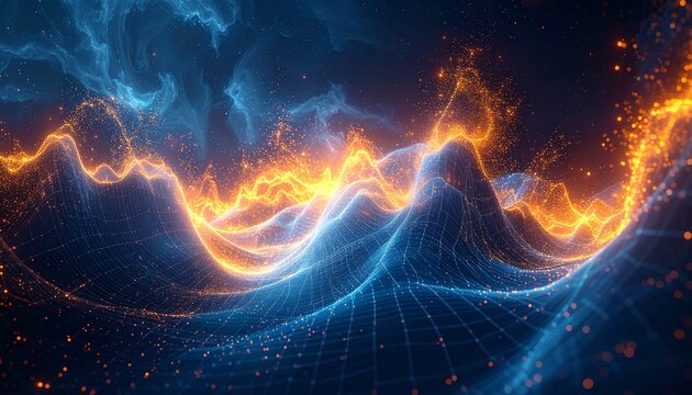 Abstract wavy data terrain with intense orange fire energy and glowing blue particles