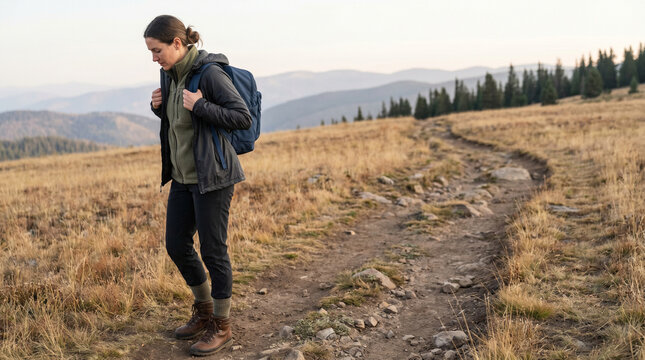 Solo Alpine Walker Adjusting Backpack On Quiet Autumn Mountain Trail
