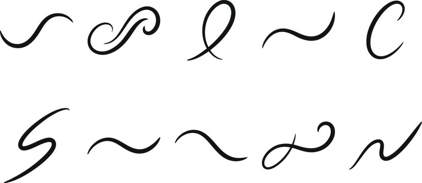 Collection of elegant ink flourish and swash line drawings with hand drawn