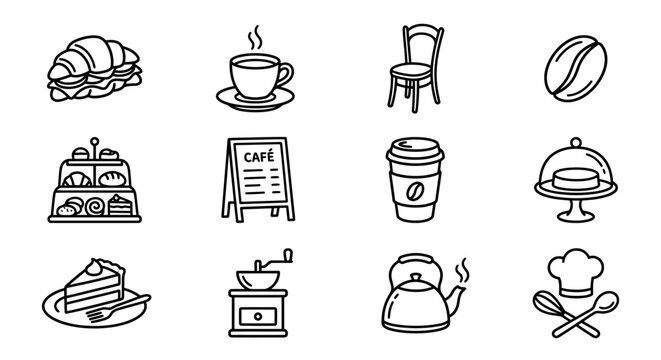 Cafe Icons: Coffee, Croissant, Cake, Pastries, Chair, Grinder, Kettle, Chef Hat