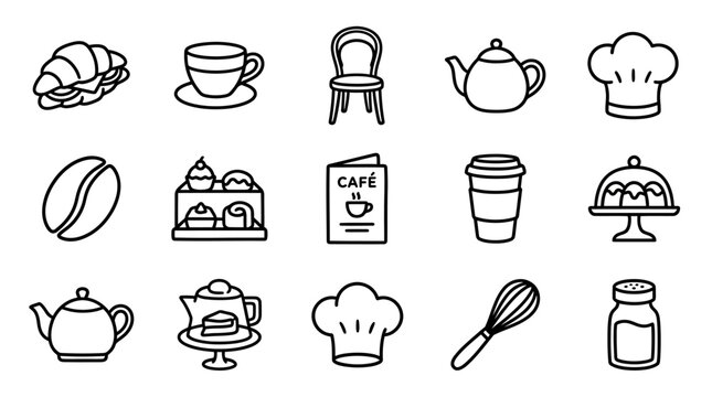 Cafe Icons: Coffee, Croissant, Pastries, Tea, Chef Hat, Whisk, Chair, Cake