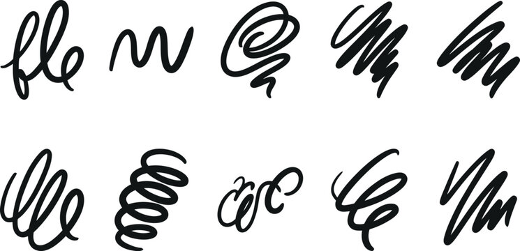 Set of scribbled ink circles and abstract tangled textures with hand drawn