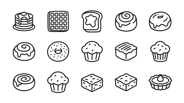 Hand-drawn bakery icons: pancakes, waffles, toast, cinnamon rolls, donuts, cupcakes, brownies, pie