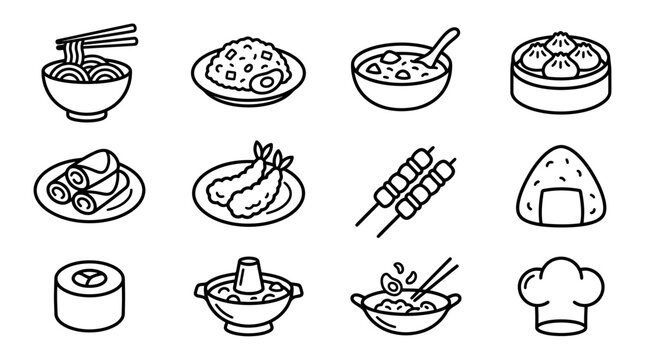 Asian Food Icons: Noodles, Rice, Dumplings, Sushi, Spring Rolls, Tempura, Skewers