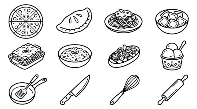 Hand-Drawn Food Icons: Pizza, Pasta, Lasagna, Dumplings, Ice Cream, and Kitchen Utensils