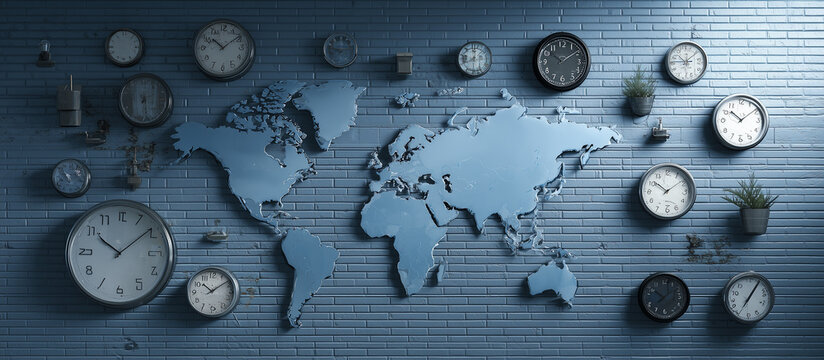 world maps and clocks on blue brick wall
